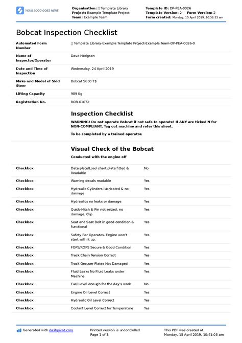 bobcat skid steer maintenance checklist|bobcat skid steer inspection checklist.